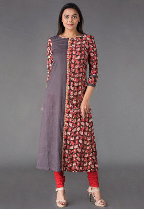 Block Printed Cotton Slub A Line Kurta in Grey and Rust