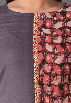 Block Printed Cotton Slub A Line Kurta in Grey and Rust