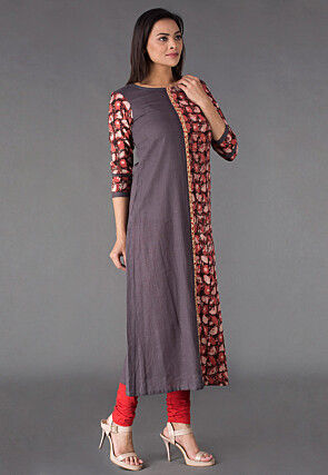 Block Printed Cotton Slub A Line Kurta in Grey and Rust