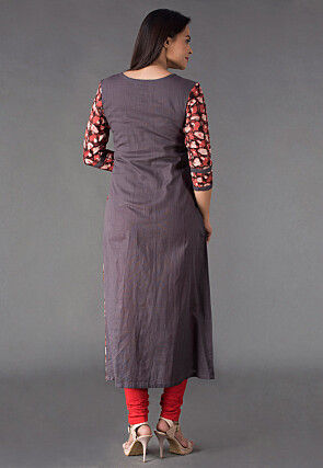 Block Printed Cotton Slub A Line Kurta in Grey and Rust