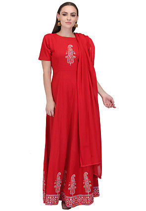Block Printed Cotton Slub Abaya Style Suit in Red
