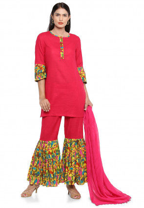 Block Printed Cotton Slub Pakistani Suit in Fuchsia