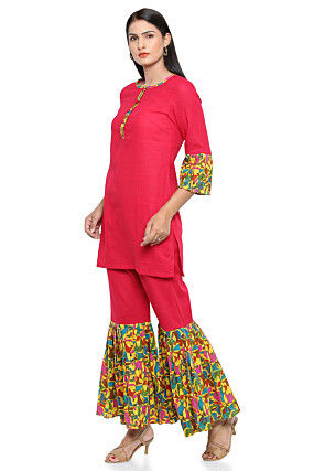 Block Printed Cotton Slub Pakistani Suit in Fuchsia