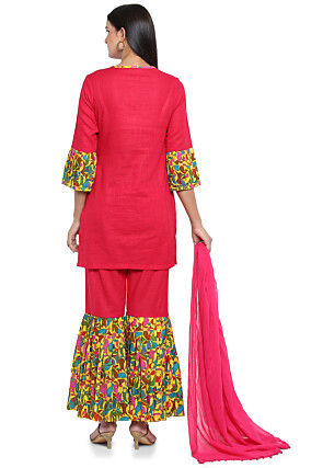 Block Printed Cotton Slub Pakistani Suit in Fuchsia