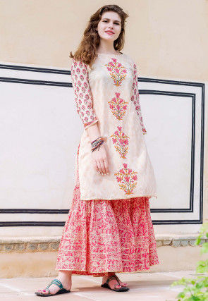 Buy Block Printed Cotton Angrakha Style Kurta Set in Pink Online ...