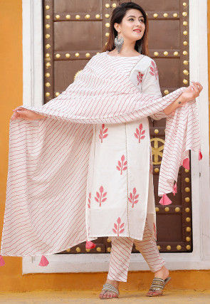 Block Printed Cotton Straight Suit in Off White
