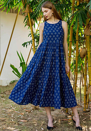 Block Printed Cotton Tiered Dress in Indigo Blue
