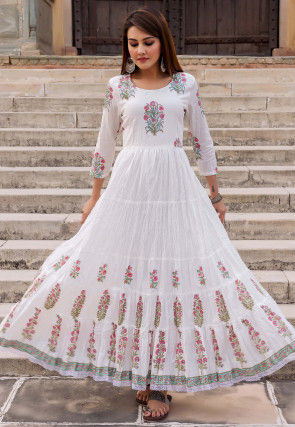 Block Printed Cotton Tiered Gown in White