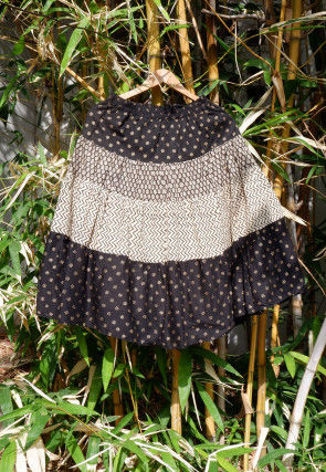 Block Printed Cotton Kids Tiered Skirt in Black and Beige