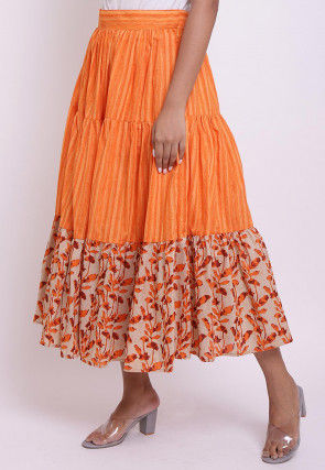 Block Printed Cotton Tiered Skirt in Orange and Beige