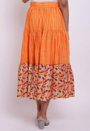 Block Printed Cotton Tiered Skirt in Orange and Beige