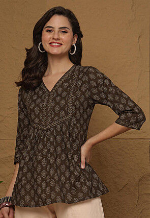 Block Printed Cotton Top in Dark Brown