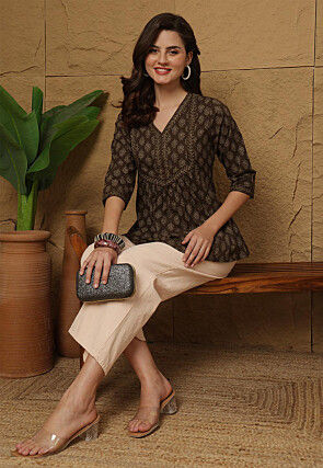 Block Printed Cotton Top in Dark Brown