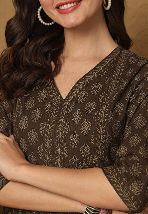 Block Printed Cotton Top in Dark Brown