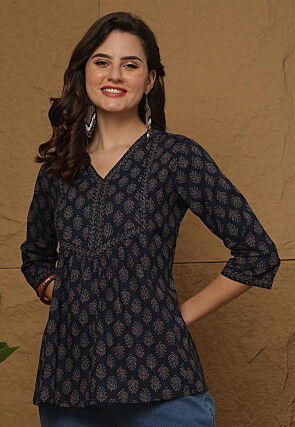Block Printed Cotton Top in Navy Blue