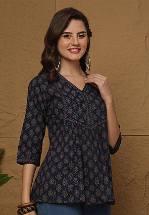 Block Printed Cotton Top in Navy Blue