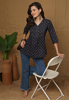 Block Printed Cotton Top in Navy Blue