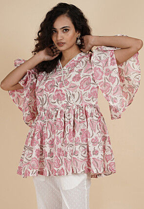 Block Printed Cotton Top in Off White and Pink