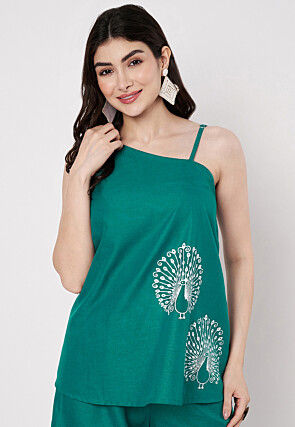 Block Printed Cotton Top in Teal Green