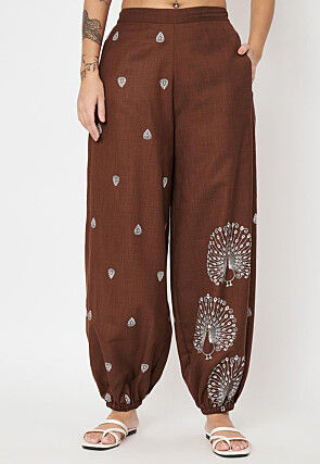 Block Printed Cotton Trouser in Dark Brown