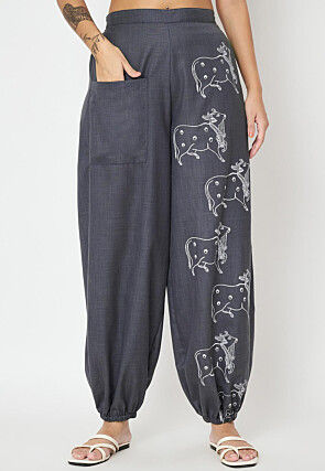 Block Printed Cotton Trouser in Dark Grey