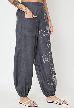 Block Printed Cotton Trouser in Dark Grey