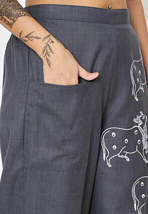 Block Printed Cotton Trouser in Dark Grey