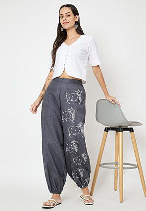 Block Printed Cotton Trouser in Dark Grey