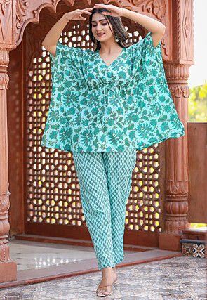 Block Printed Cotton Tunic Set in Sea Green