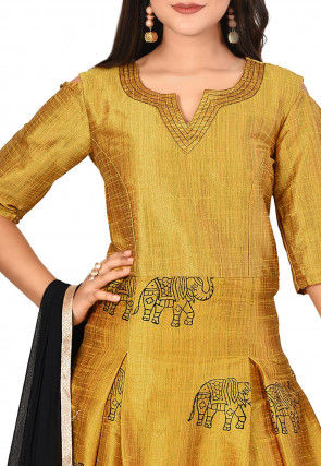 Block Printed Dupion Silk Abaya Style Suit in Mustard