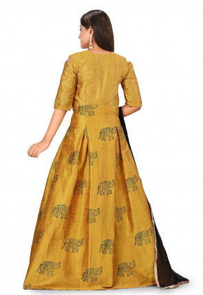 Block Printed Dupion Silk Abaya Style Suit in Mustard