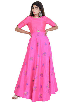 Block Printed Dupion Silk Abaya Style Suit in Pink