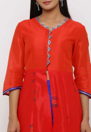 Block Printed Dupion Silk Abaya Style Suit in Red