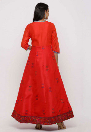 Block Printed Dupion Silk Abaya Style Suit in Red