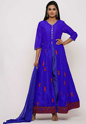 Block Printed Dupion Silk Abaya Style Suit in Royal Blue