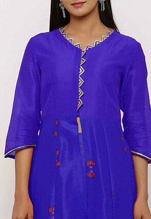 Block Printed Dupion Silk Abaya Style Suit in Royal Blue