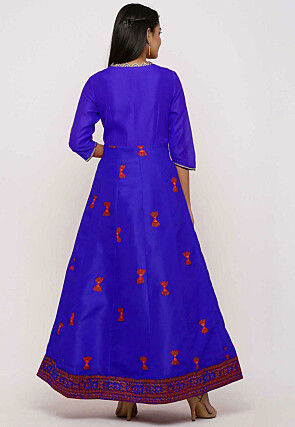 Block Printed Dupion Silk Abaya Style Suit in Royal Blue