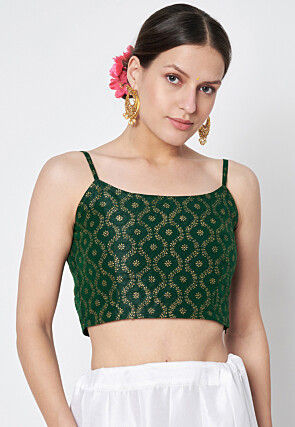 Block Printed Dupion Silk Blouse in Dark Green