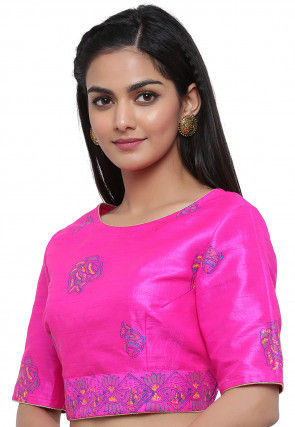 Block Printed Dupion Silk Blouse in Fuchsia
