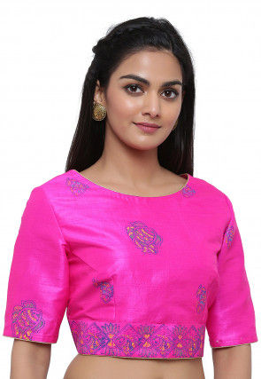 Block Printed Dupion Silk Blouse in Fuchsia