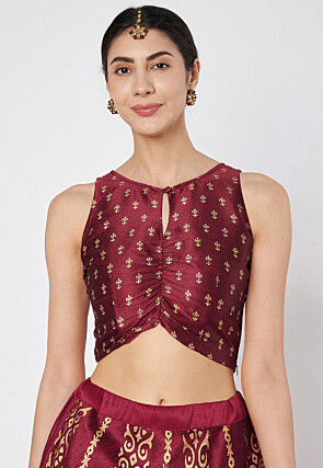 Block Printed Dupion Silk Crop Top in Maroon