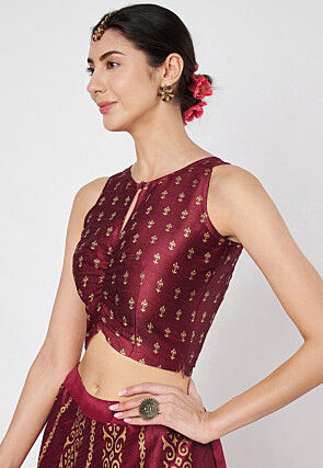 Block Printed Dupion Silk Crop Top in Maroon