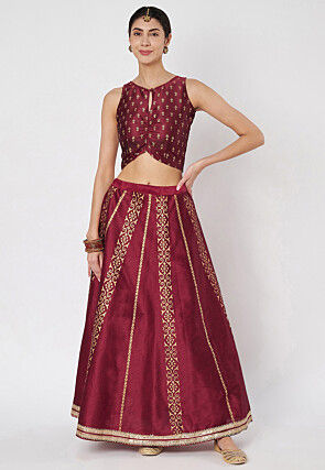 Block Printed Dupion Silk Crop Top in Maroon