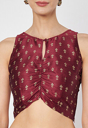 Block Printed Dupion Silk Crop Top in Maroon