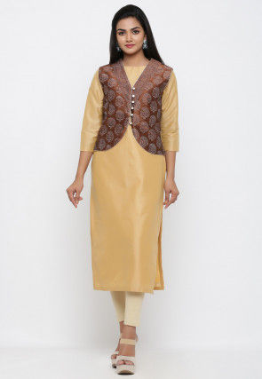 Block Printed Dupion Silk Jacket in Brown