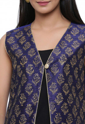 Block Printed Dupion Silk Jacket in Dark Blue