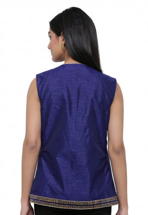 Block Printed Dupion Silk Jacket in Dark Blue