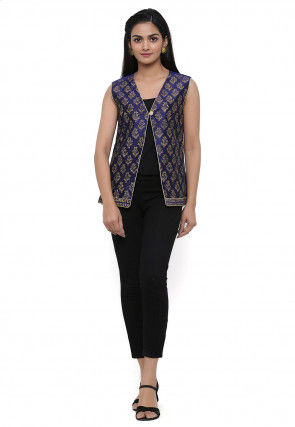 Block Printed Dupion Silk Jacket in Dark Blue