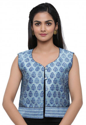 Block Printed Dupion Silk Jacket in Pastel Blue