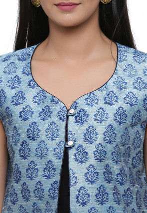 Block Printed Dupion Silk Jacket in Pastel Blue